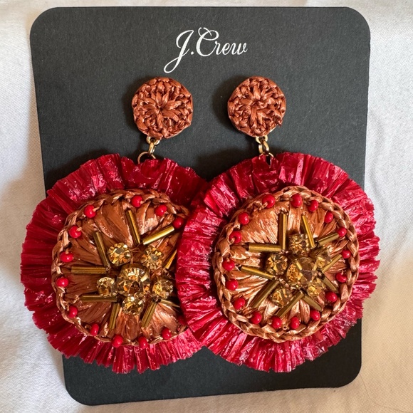 J.Crew Red Raffia Statement Earrings Beaded Crystal Fringe Boho Glam Resort - Picture 3 of 11